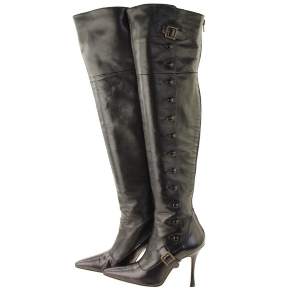 Manolo Blahnik Over-The-Knee Black Leather Boots